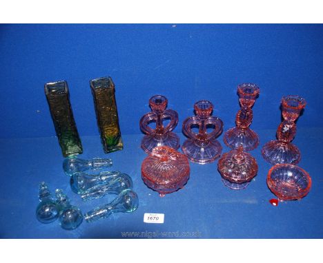 A quantity of glass including pink part dressing table set, two orange and green vases and six light pulls, etc.