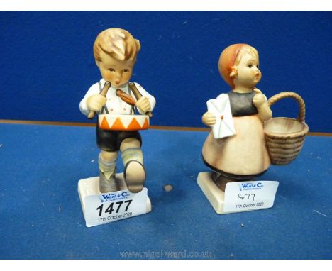 A Hummel figure of a young Boy "Little Drummer'' playing his drum and a young Girl ''Meditation" with a letter and a basket.
