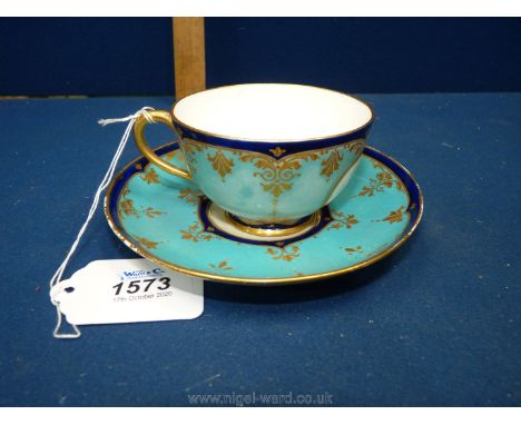 **A 19th century Worcester cup and saucer, painted birds within blue borders.