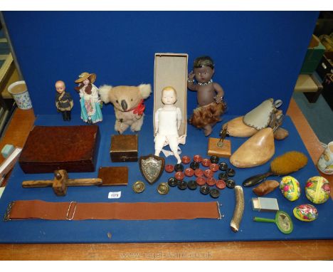 A quantity of miscellanea including vintage dolls, shoe stretchers, Koala bear etc.