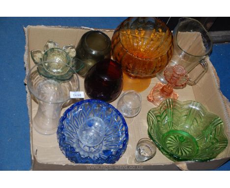 A large quantity of miscellaneous coloured glass including trifle dishes, vases, jug, one candlestick etc.