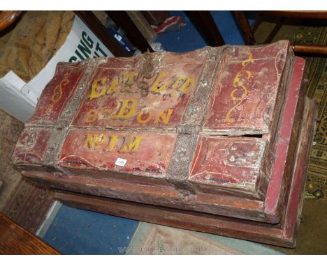 A heavy 19th c. living van/wagon Trunk having most substantial blacksmith made iron hinges divided and curled to one end, has