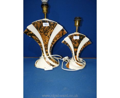 Two ceramic table Lamps for Tommaso Barbi, both Art Deco fan shaped, in cream with mottled pattern, one 14 1/2" tall, the oth