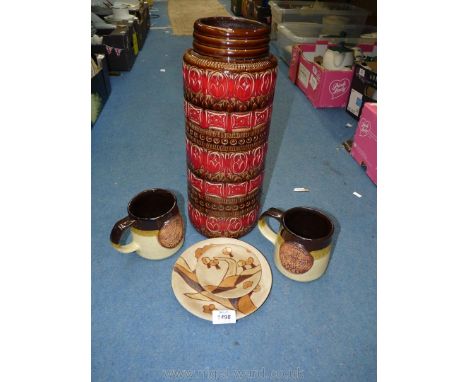 A large mid-century West German cylinder Vase, 16" tall plus together with two hand-made West German plates and two large mug