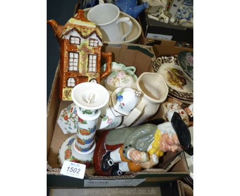 A box of china to include; Royal Doulton 'Happy John' Toby jug, Teachers jug, Portmeirion candlestick, Cottageware teapot, et