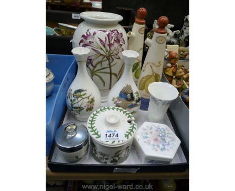 A Portmeirion 'Botanical Garden' vase (8 1/2" tall) and a lidded sugar bowl, Coalport bud vases, Royal Worcester egg coddler,