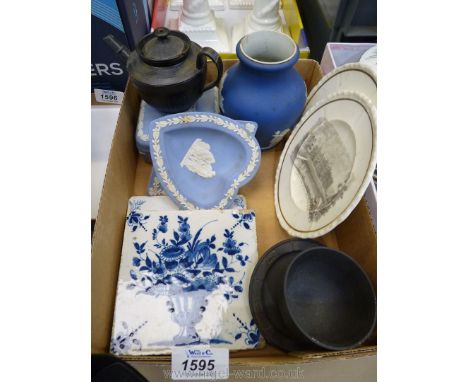 A small quantity of china including Wedgwood Jasperware pale blue, dark blue and black, small picture plates, small black tea