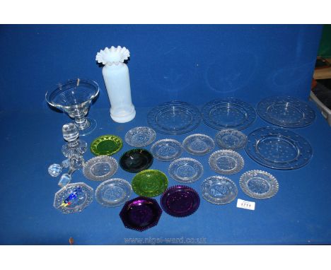 A quantity of glass including sweet dishes, footed bon bon dish, coasters, milk glass vase and decanter stoppers.