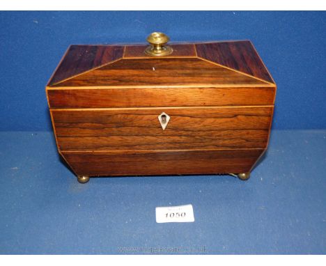 A Victorian lined tea caddy c. 1880 with double eagle brass handles, key present, 8 1/2" long x 5" wide x 6" deep.