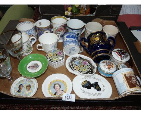 A box of commemorative ware to include mugs, trinket pots etc.
