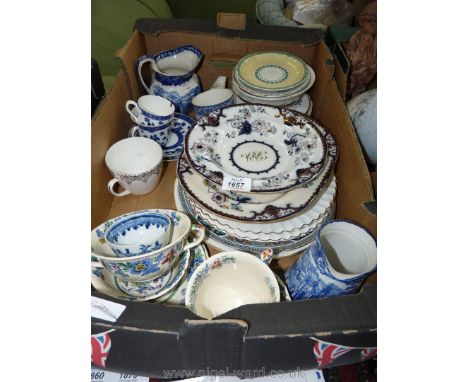 A quantity of china including blue and white cups, saucers etc., some Coalport (a/f.), Mascus' Strathmore soup cups and sauce