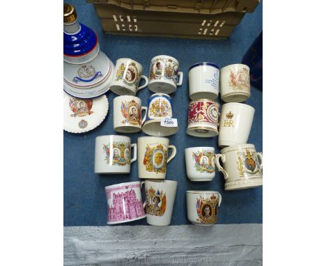 A quantity of commemorative mugs, cups including a boxed Wade whiskey decanter (empty) for the birth of Princess Beatrice 198