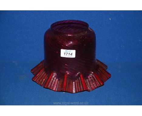 A swirl Cranberry glass oil lamp Shade with fluted edge