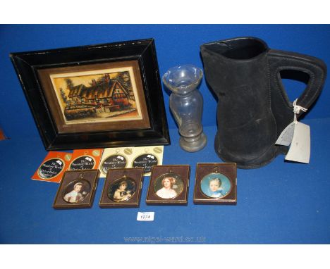 A quantity of miscellanea including leather pitcher, four boxed miniature prints, glass vase and a 3-D framed plaque of Ann H