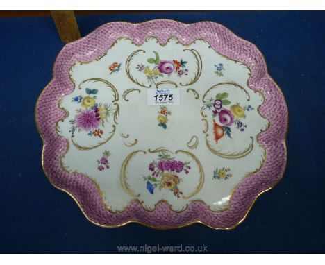 A circa 1900 Dresden tray painted with flowers in the Meissen style within a pink scale border, marked to base.