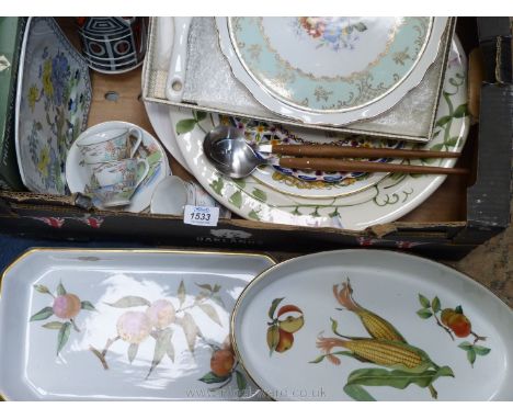 Two large Royal Worcester Evesham china serving dishes, a four place oriental coffee set and miscellaneous plates including  