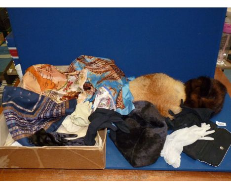 A quantity of vintage fur hats, Jacqmar scarf, evening gloves, beaded evening purse etc