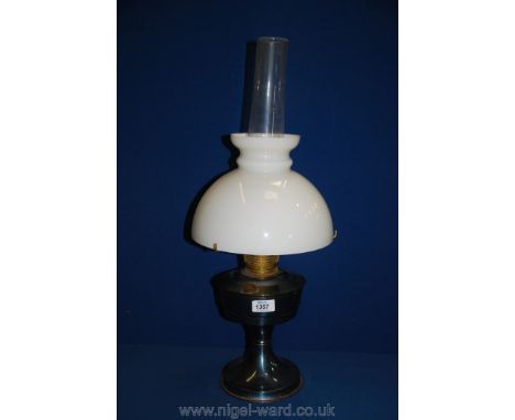 An Oil Lamp with blue metal base, and white shade, 24'' tall overall