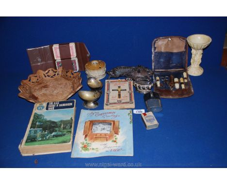 A quantity of miscellanea to include an old leather bound manicure set a/f., an RAC guide and handbook 1968, playing cards, O