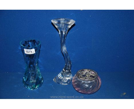 A Marc Aurel glass candlestick, 10" tall, turquoise colour swirl vase, 7 3/4" tall and a pink Caithness style Paperweight wit