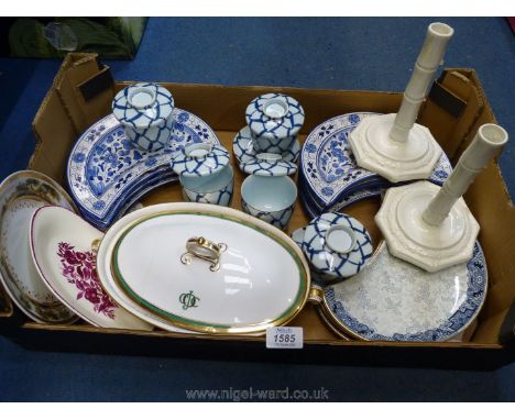 A quantity of china including three Royal Worcester salad crescents, continental salad crescents, tea bowls with lids and sta