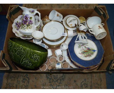 A quantity of china to include; Wedgwood, Coalport, small violet pattern jug and basin, green Sylvac vase, miscellaneous plat