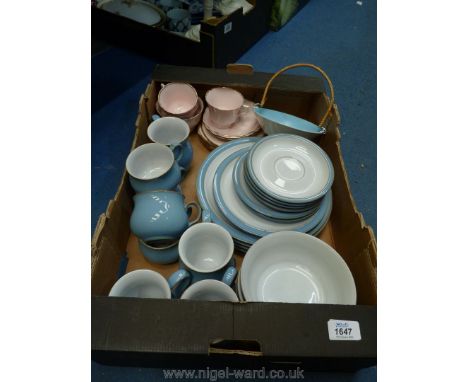 A quantity of china including a Denby part tea set including four cups, mugs, saucers, bowls, dinner plates, some chipped, Po