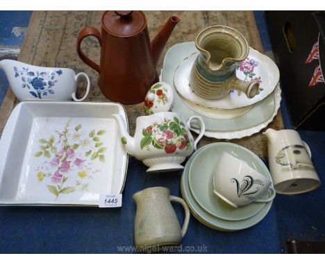 A small quantity of china including Copeland Spode Olympus cup, plates etc, strawberry teapot studio pottery etc