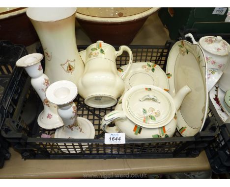 A quantity of china including a Grindley sandwich set, teapot and hot water jug, a Crown Devon tall vase in blush colour with