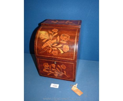A Victorian Mahogany decanter box, c. 1860,  lined and inlaid with flowers and birds, (key present), 7 3/4" long x 7 1/2" wid