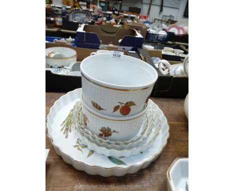 Four Royal Worcester 'Evesham'  flan dishes including very large size, two souffle dishes, pie plate and two dishes 