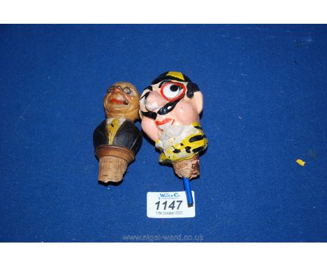 Two vintage bottle stoppers from Italy, a gent with a cigar and spectacles, hand painted and made of cork and plywood and the