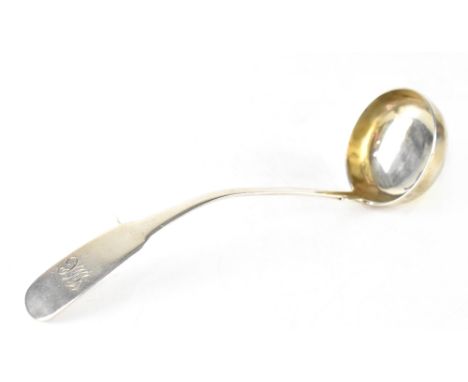 A Scottish Provincial hallmarked silver sauce ladle by John Pringle of Perth (active 1823-1860), monogrammed to the handle, l