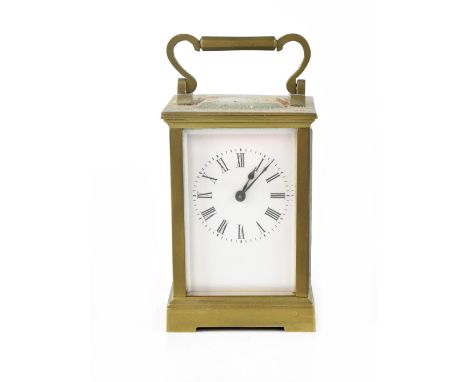 A brass carriage clock with painted dial set with Roman numerals, the single-train movement with key, in a corniche patterned