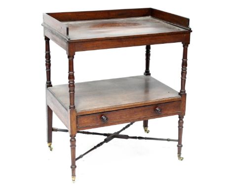 A 19th century mahogany two-tier buffet with galleried top with single drawer to base, on turned baluster supports with X-fra