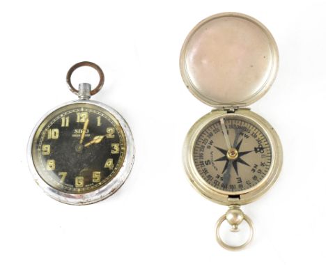 Siro; a 'Shock-Proof' base metal keyless wind military-style pocket watch, 48mm (af) and a Wittnauer compass, the case stampe