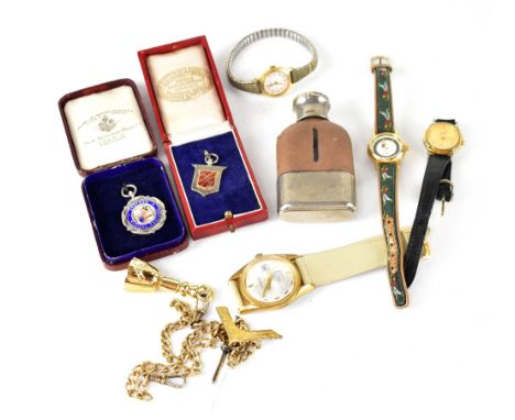 A collectors' lot comprising two boxed Fattorini hallmarked silver and enamel medals, a yellow metal watch chain with two Mas