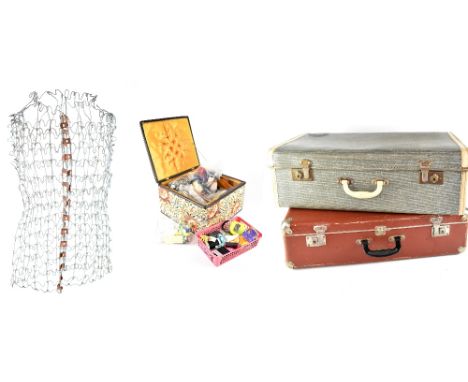 Two vintage suitcases, a tapestry-style sewing box with vintage sewing aids to interior and a wire mesh dressmaker's model (4