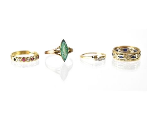 Four fashion rings to include a 9ct two-tone gold sapphire and tiny diamond eternity ring, size N, a 9ct gold eternity ring w