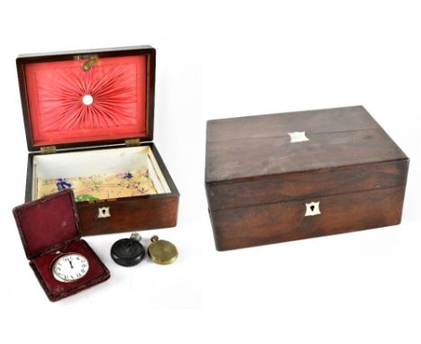A Victorian rosewood stationery box with mother of pearl inlaid and shield-shaped cartouche to the lid and matching escutcheo
