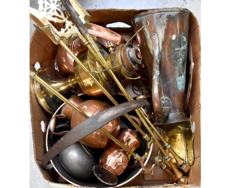 A quantity of mixed copper and brass to include fireside tools, brass wall-mounted salt box, copper mugs, jugs, kettle, lidde