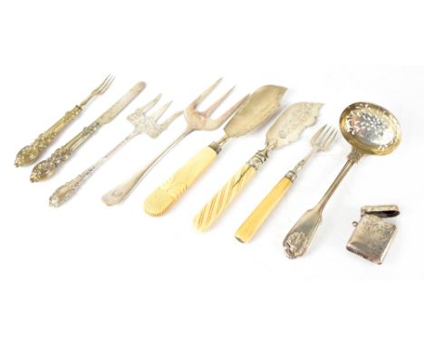 Nine various hallmarked silver items to include a vesta with engraved decoration, a sauce ladle with pierced bowl, two bone-h