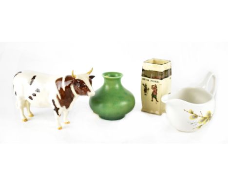 Four items of collectable pottery to include a Pilkington's Royal Lancastrian mottled apple green glazed vase of squat balust