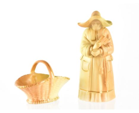 A Royal Worcester blush candle snuffer in the form of a nun, puce mark dated 1897, height 10cm and a similar basket, puce mar