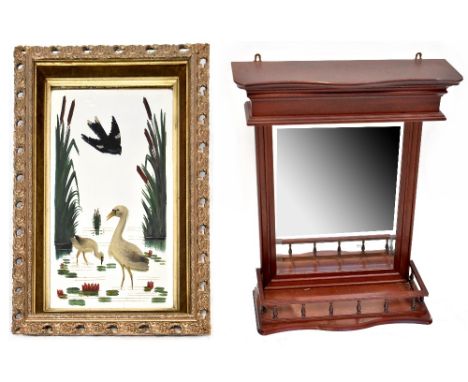A modern stained wooden wall mirror with architectural pediment and galleried base, 88 x 61cm and a painted mirror depicting 