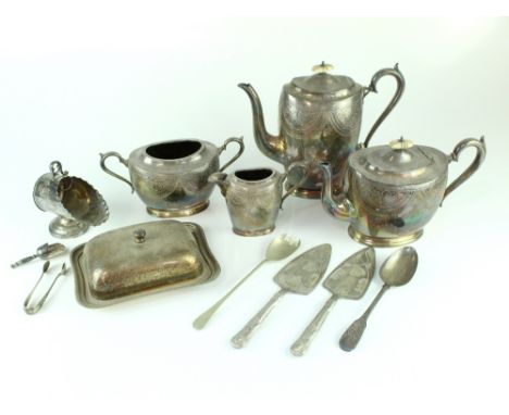 A collection of plated ware to include teapot (af), coffee pot, sugar basin, cream jug, cheese dish and a quantity of flatwar