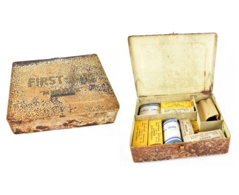 A vintage first aid kit with various dressings, etc, the top of the tin marked 'First-Aid Minimax Registered Trademark', widt