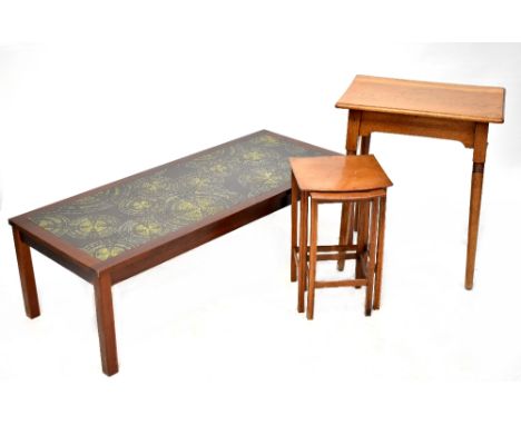 A retro tile-topped coffee table, an Edwardian oak rectangular side table on turned supports and a nest of two Waring &amp; G