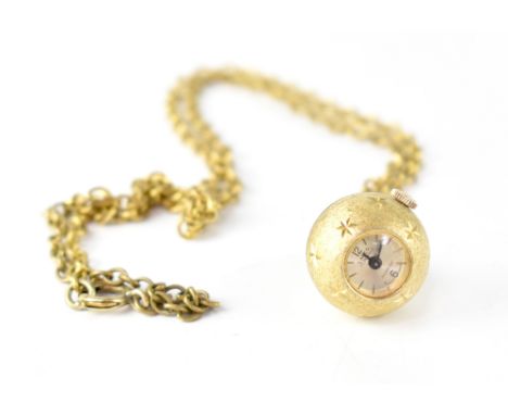 Lanco; a yellow metal manual wind ball-form watch and chain, 18mm.