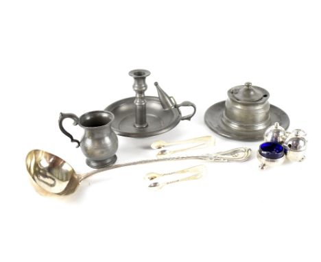 A Mappin &amp; Webb three-piece cruet set, a silver plated ladle with engraved crest, a pewter chamber stick, small tankard a